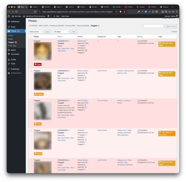 Screenshot of the WordPress admin post archive, with rows colored to indicate a warning.