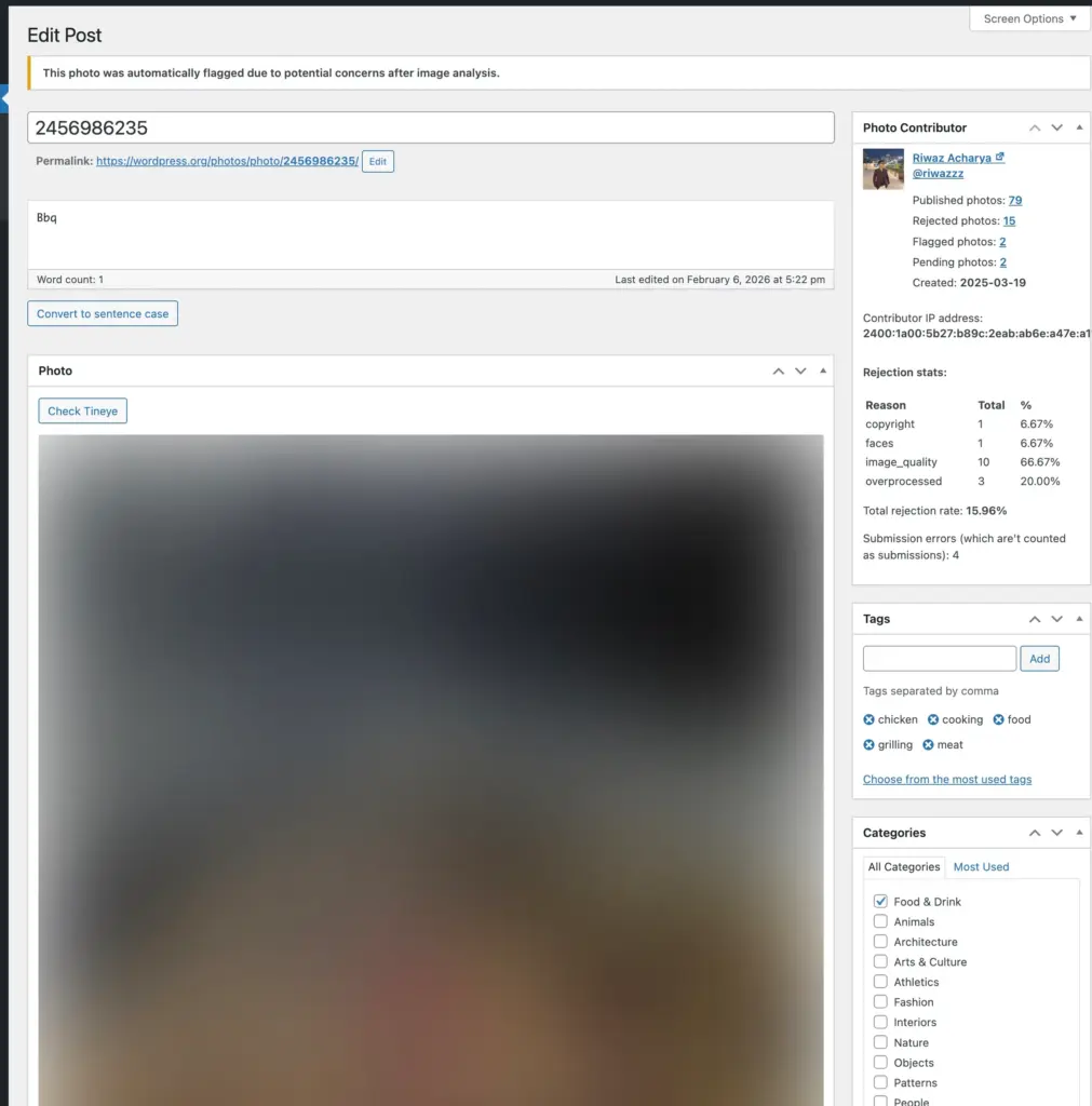The WordPress post editor showing an image that is blurry.
