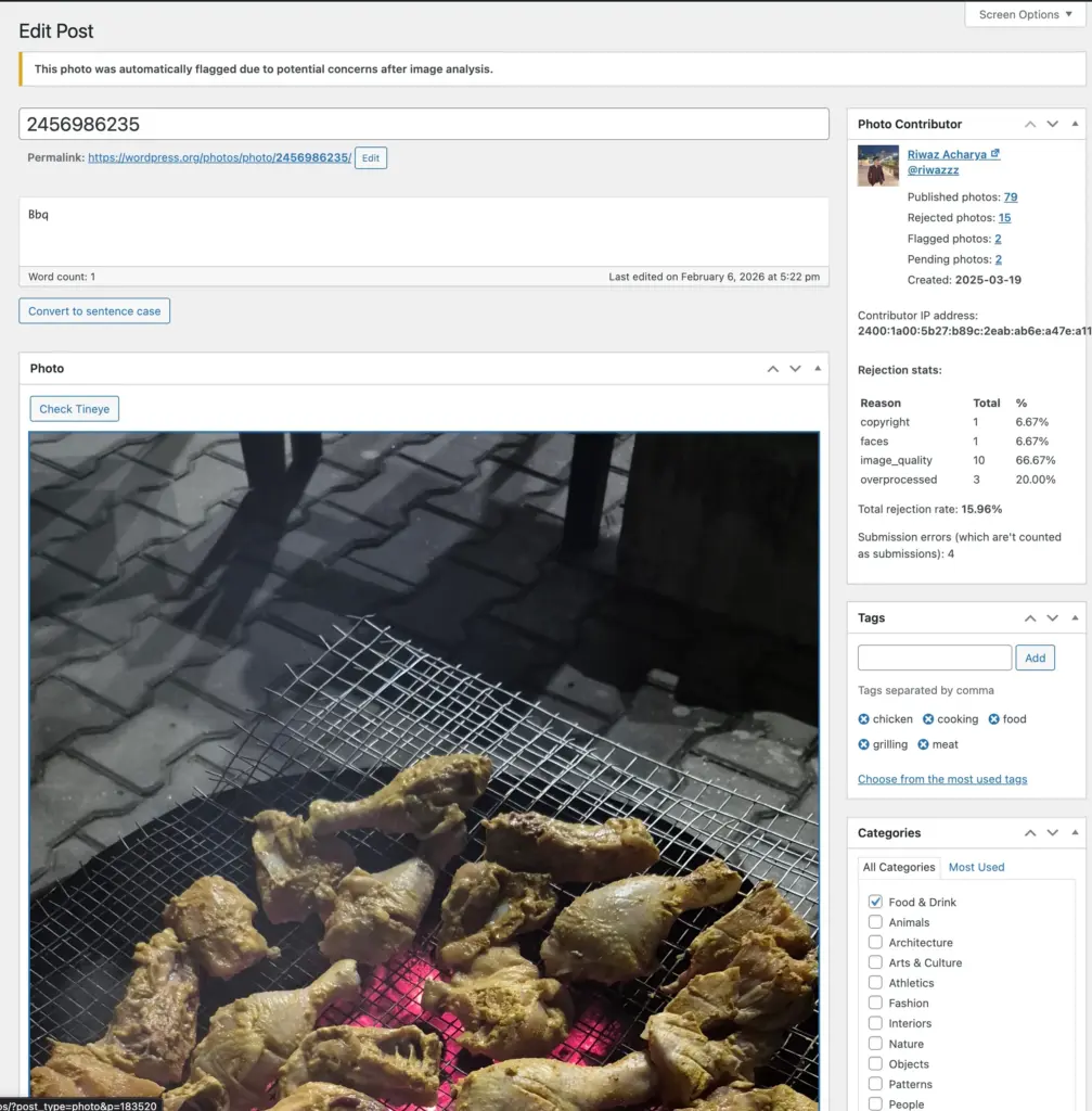 An image of the WordPress post editor, with a large image visible.