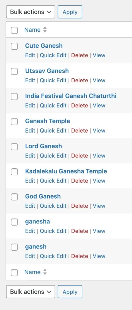 A list of tags about Ganesh in the WordPress admin